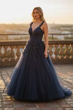 Navy Blue Lace Applique Tulle A-Line Gown